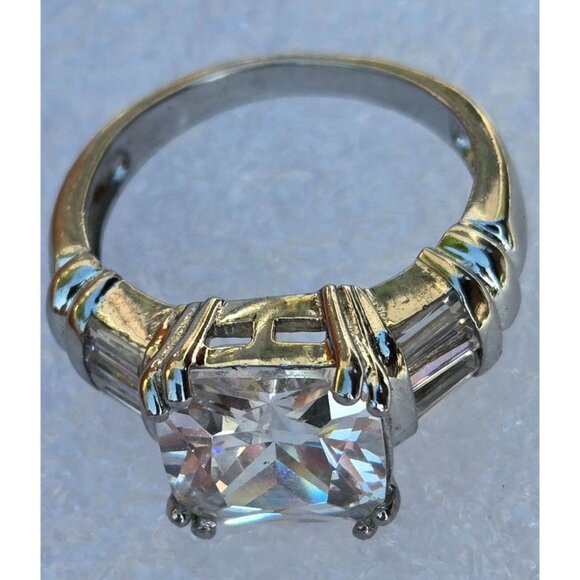 Square-Cut CZ Sterling Silver Ring With Baguette Accents Marked 925 Signed DBJ - Picture 5 of 9